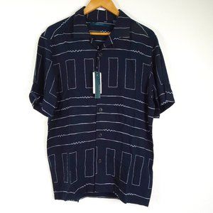 Perry Ellis Button Down Shirt Navy Blue Camp Short Sleeve Geometric Print